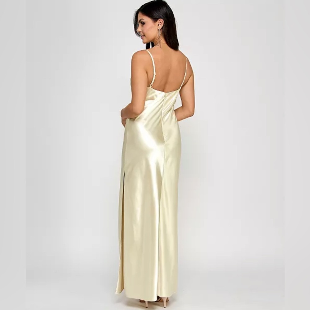 Morgan & Co butter Yellow Satin Embellished V-Neck Sleeveless Dree Size M - Picture 3 of 6